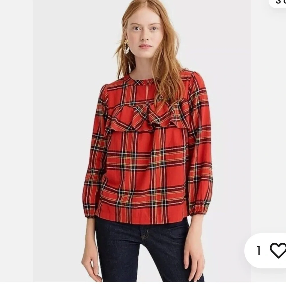J Crew Ruffle Top in Festive Plaid Red Sz PM